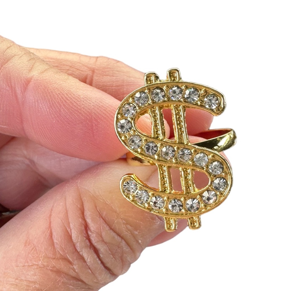Gold and Rhinestone Dollar Sign Adjustable Ring - Picture 2 of 5